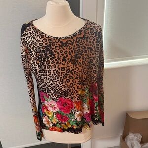 Johnny Was Brown Leopard Print Long-Sleeve Top with Floral Hem